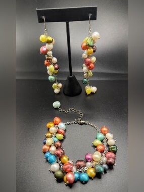 STERLING SILVER 925 COLORED FRESH WATER PEARLS CLUSTER STYLE BRACELET EARRINGS